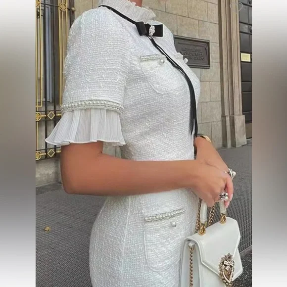 #261 “TWEED BOW KNOT LACE TRIM BODY CON DRESS” - Picture 3 of 3